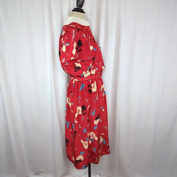 Vintage John Richard Red Dress 6 Small Floral Midi - Picture 9 of 10